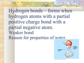 Hydrogen bonds – forms when
hydrogen atoms with a partial
positive charge bond with a
partial negative atom.
Weaker bond
Reason for properties of water
 