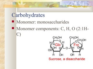 Carbohydrates
 Monomer: monosaccharides
 Monomer components: C, H, O (2:1H-
C)
 