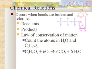 Chemical Reactions
 Occurs when bonds are broken and
reformed
 Reactants
 Products
 Law of conservation of matter
Count the atoms in H2O and
C6H12O6
C6H12O6 + 6O2  6CO2 + 6 H2O
 