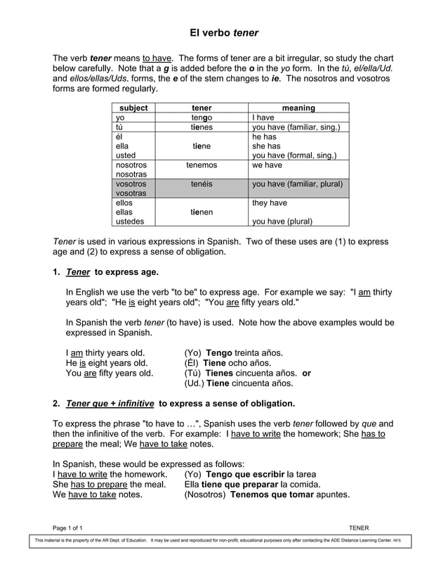 tener conjugation | PDF | Homework and Study | Education