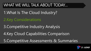 WHAT WE WILL TALK ABOUT TODAY…
1.What Is The Cloud Industry?
2.Key Considerations
3.Competitive Industry Analysis
4.Key Cloud Capabilities Comparison
5.Competitive Assessments & Summaries
 