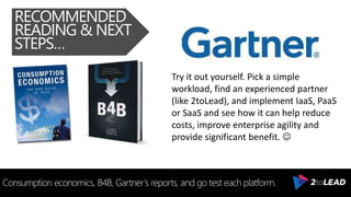 Consumption economics, B4B, Gartner’s reports, and go test each platform.
RECOMMENDED
READING & NEXT
STEPS…
Try it out yourself. Pick a simple
workload, find an experienced partner
(like 2toLead), and implement IaaS, PaaS
or SaaS and see how it can help reduce
costs, improve enterprise agility and
provide significant benefit. 
 