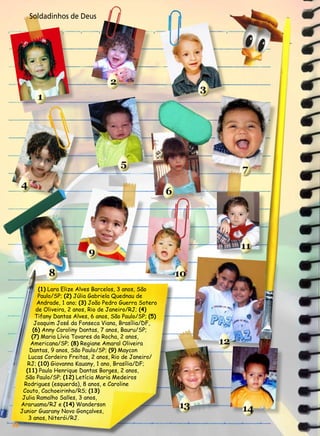 Soldadinhos de Deus

58

(1) Lara Elize Alves Barcelos, 3 anos, São
Paulo/SP; (2) Júlia Gabriela Quednau de
Andrade, 1 ano; (3) João Pedro Guerra Sotero
de Oliveira, 2 anos, Rio de Janeiro/RJ; (4)
Tifany Dantas Alves, 6 anos, São Paulo/SP; (5)
Joaquim José da Fonseca Viana, Brasília/DF,
(6) Anny Caroliny Dantas, 7 anos, Bauru/SP;
(7) Maria Lívia Tavares da Rocha, 2 anos,
Americana/SP; (8) Regiane Amaral Oliveira
Dantas, 9 anos, São Paulo/SP; (9) Maycon
Lucas Cordeiro Freitas, 2 anos, Rio de Janeiro/
RJ; (10) Giovanna Kauany, 1 ano, Brasília/DF;
(11) Paulo Henrique Dantas Borges, 2 anos,
São Paulo/SP; (12) Letícia Maria Medeiros
Rodrigues (esquerda), 8 anos, e Caroline
Couto, Cachoeirinha/RS; (13)
Julia Ramalho Salles, 3 anos,
Araruama/RJ e (14) Wanderson
Junior Guarany Novo Gonçalves,
3 anos, Niterói/RJ.
BOA VONTADE

 