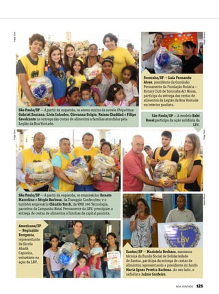 São Paulo/SP — A partir da esquerda, os atores mirins da novela Chiquititas:
Gabriel Santana, Lívia Inhudes, Giovanna Grigio, Raissa Chaddad e Filipe
Cavalcante na entrega das cestas de alimentos a famílias atendidas pela
Legião da Boa Vontade.
Sorocaba/SP — Luiz Fernando
Alves, presidente da Comissão
Permanente da Fundação Rotária –
Rotary Club de Sorocaba Art Nossa,
participa da entrega das cestas de
alimentos da Legião da Boa Vontade
no interior paulista. 
São Paulo/SP — A modelo Babi
Rossi participa da ação solidária da
LBV.
São Paulo/SP — A partir da esquerda, os empresários Renato
Marcelino e Sérgio Barbosa, da Tramppio Confecções; e o
também empresário Cláudio Torck, da VMX 360 Tecnologia,
parceiros da Campanha Natal Permanente da LBV, prestigiam a
entrega de cestas de alimentos a famílias da capital paulista.
Santos/SP — Maristela Bechara, assessora
técnica do Fundo Social de Solidariedade
de Santos, participa da entrega de cestas de
alimentos representando a presidente do fundo
Maria Ignez Pereira Barbosa. Ao seu lado, o
radialista Jaime Cordeiro.
Americana/SP
— Reginaldo
Tempesta,
representante
da Escola
Abadá
Capoeira,
voluntário na
ação da LBV.
FelipeToninFelipeTonin
FelipeToninJulianaMouraSérgioSerrano
IzabelaLobianco
BOA VONTADE 125
 