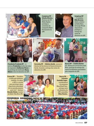 Campinas/SP
— O radialista
Billy Rovaron,
diretor artístico
da Rádio Nova
Sertaneja FM (de
Jaguariúna),
prestigiou a
entrega das
cestas de
alimentos da LBV.
Campinas/SP —
Silnéia Oliveira,
Diretora da ITV
Mídia Digital,
prestigia a
cerimônia da
Campanha Natal
Permanente da
LBV.
Bauru/SP — Cristina Ramos
(E), diretora do Jornal Zona Leste
News, participa da entrega das
cestas de alimentos arrecadados
pela campanha da LBV.
Presidente Prudente/SP — A
senhora Prudentina recebe das mãos
do empresário Guilherme Florez e
da psicóloga da Instituição Nancy
Ribeiro cesta de alimentos da LBV.
Sorocaba/SP — Cidinha Ataíde, assessora
técnica da Secretaria de Desenvolvimento
Social, durante a entrega das cestas de
alimentos da LBV.
Bauru/SP —
Lisandra
Gastaldo Lopes,
coordenadora
do programa
Mesa Brasil Sesc,
entrega cesta
de alimentos da
LBV à atendida
Nilza Pereira.
Franca/SP — “Parabéns
a todos pelo belíssimo
trabalho. Eu adoro
a LBV e o convite
para participar dessa
importante solenidade
foi um grande presente
para mim”, destaca
Ricardo Felício, locutor
da Rádio Vida Nova FM.
Maringá/PR
CésarFariaThiagoFerreira
CésarFaria
CésarFaria
MoisésAlbertoMoisésAlberto
LuizAntônioTardivo
PauloAraújo
BOA VONTADE 127
 