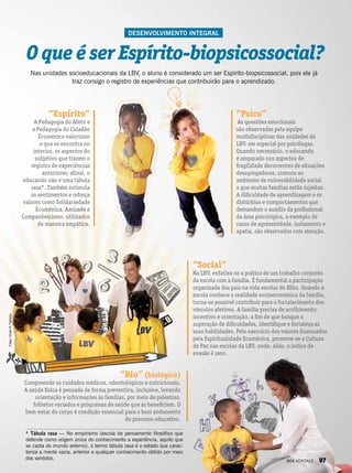“Espírito”
A Pedagogia do Afeto e
a Pedagogia do Cidadão
Ecumênico valorizam
o que se encontra no
interior, os aspectos do
subjetivo que trazem o
registro de experiências
anteriores; afinal, o
educando não é uma tábula
rasa*. Também estimula
os sentimentos e reforça
valores como Solidariedade
Ecumênica, Amizade e
Companheirismo, utilizados
de maneira empática.
“Psico”
As questões emocionais
são observadas pela equipe
multidisciplinar das unidades da
LBV, em especial por psicólogas.
Quando necessário, o educando
é amparado nos aspectos de
fragilidade decorrentes de situações
desagregadoras, comuns ao
ambiente de vulnerabilidade social
a que muitas famílias estão sujeitas.
A dificuldade de aprendizagem e os
distúrbios e comportamentos que
demandem o auxílio da profissional
da área psicológica, a exemplo de
casos de agressividade, isolamento e
apatia, são observados com atenção.
“Bio” (biológico)
Compreende os cuidados médicos, odontológicos e nutricionais.
A saúde física é pensada de forma preventiva, inclusive, levando
orientação e informações às famílias, por meio de palestras,
folhetos variados e programas de saúde que as beneficiem. O
bem-estar do corpo é condição essencial para o bom andamento
do processo educativo.
“Social”
Na LBV, enfatiza-se a prática de um trabalho conjunto
da escola com a família. É fundamental a participação
organizada dos pais na vida escolar do filho. Quando a
escola conhece a realidade socioeconômica da família,
torna-se possível contribuir para o fortalecimento dos
vínculos afetivos. A família precisa de acolhimento,
incentivo e orientação, a fim de que busque a
superação de dificuldades, identifique e fortaleça as
suas habilidades. Pelo exercício dos valores iluminados
pela Espiritualidade Ecumênica, promove-se a Cultura
de Paz nas escolas da LBV, onde, aliás, o índice de
evasão é zero.
OqueéserEspírito-biopsicossocial?
Nas unidades socioeducacionais da LBV, o aluno é considerado um ser Espírito-biopsicossocial, pois ele já
traz consigo o registro de experiências que contribuirão para o aprendizado.
Fotos:VivianR.Ferreira
Desenvolvimento integral
* Tábula rasa — No empirismo (escola do pensamento filosófico que
defende como origem única do conhecimento a experiência, aquilo que
se capta do mundo externo), o termo tábula rasa é o estado que carac-
teriza a mente vazia, anterior a qualquer conhecimento obtido por meio
dos sentidos.
BOA VONTADE 97
 