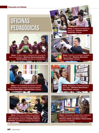 Educação em Debate
oficinas
Pedagógicas
Oficina: “O Jogo no educar: mobilizando para o processo de
ensino e aprendizagem”. Oficineiros: Glaucia Camargo Elias e
Ricardo Santiago, graduados em Educação Física.
Oficina: “A arte de despertar para aprender: vencendo
dificuldades das necessidades educacionais especiais”.
Oficineiras: Karen Ribeiro e Leilany da Rocha, pedagogas.
Oficina: “Brincar como estratégia para subsidiar a
mobilização dos conteúdos pedagógicos”. Oficineiras:
Cintia dos Santos, pedagoga, e Francielly Cristina do
Nascimento, especialista em Recreação e Brincadeiras.
Oficina: “Dramatização: estratégia lúdica, mobilizadora
e facilitadora de uma aprendizagem significativa”.
Oficineiras: Andréia Luana Martins e Patrícia Simões,
graduandas em Pedagogia.
Oficina: “Mobilizando o raciocínio para brincar
com a lógica”. Oficineiras: Silvana Burato e
Tatiane Ventura, pedagogas.
Oficina: “Fantoche: da construção à animação —
Arte sem idade”. Oficineiros: Aline Dantas
e Marcelo Rafael, pedagogos.
Oficina: “O despertar dos sentidos por
meio da Arte”. Oficineira: Catarina
Rosália Nery, pedagoga.
100 BOA VONTADE
 