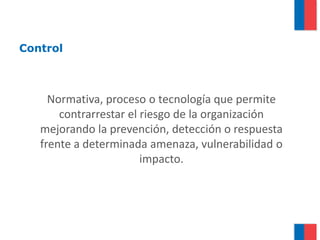 Control



     Normativa, proceso o tecnología que permite
       contrarrestar el riesgo de la organización
   mejorando la prevención, detección o respuesta
   frente a determinada amenaza, vulnerabilidad o
                        impacto.
 