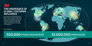 39
THE EMERGENCE OF
GLOBAL CUSTOMER
INFLUENCE
TO DATE:
38
32,000,000IMPRESSIONS500,000SYNDICATED REVIEWS
Since the first review hit 3M’s Scotch®
Brand’s site in September 2009, nearly
5 years of 3M consumer reviews have
turned up outstanding results. Today,
all 5 business groups are collecting
reviews, tracking across 12 countries
in 10 languages.
 