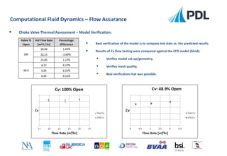  Best verification of the model is to compare test data vs. the predicted results.
 Results of Cv flow testing were compared against the CFD model (blind).
 Verifies model set-up/geometry.
 Verifies mesh quality.
 Best verification that was possible.
Computational Fluid Dynamics – Flow Assurance
FS 90756
 Choke Valve Thermal Assessment – Model Verification:
 
