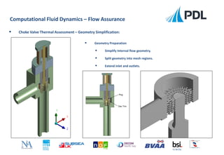  Geometry Preparation
 Simplify Internal flow geometry.
 Split geometry into mesh regions.
 Extend inlet and outlets.
Computational Fluid Dynamics – Flow Assurance
FS 90756
 Choke Valve Thermal Assessment – Geometry Simplification:
 