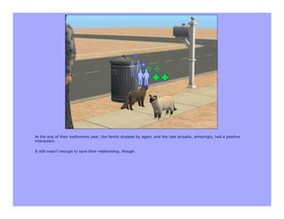 At the end of their sophomore year, the family stopped by again, and the cats actually, amazingly, had a positive
interaction.

It still wasn't enough to save their relationship, though.
 