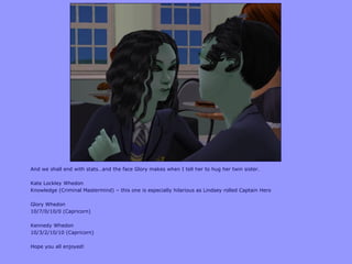And we shall end with stats…and the face Glory makes when I tell her to hug her twin sister.
Kate Lockley Whedon
Knowledge (Criminal Mastermind) – this one is especially hilarious as Lindsey rolled Captain Hero
Glory Whedon
10/7/0/10/0 (Capricorn)
Kennedy Whedon
10/3/2/10/10 (Capricorn)
Hope you all enjoyed!
 