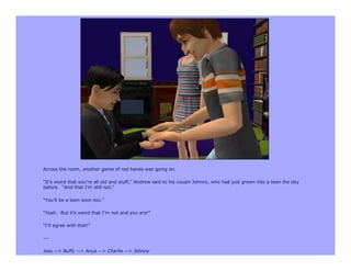 Across the room, another game of red hands was going on.

“It’s weird that you’re all old and stuff,” Andrew said to his cousin Johnny, who had just grown into a teen the day
before. “And that I’m still not.”

“You’ll be a teen soon too.”

“Yeah. But it’s weird that I’m not and you are!”

“I’ll agree with that!”

---

Joss --> Buffy --> Anya --> Charlie --> Johnny
 