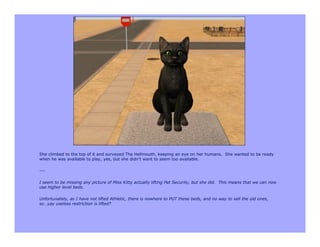 She climbed to the top of it and surveyed The Hellmouth, keeping an eye on her humans. She wanted to be ready
when he was available to play, yes, but she didn’t want to seem too available.

---

I seem to be missing any picture of Miss Kitty actually lifting Pet Security, but she did. This means that we can now
use higher level beds.

Unfortunately, as I have not lifted Athletic, there is nowhere to PUT these beds, and no way to sell the old ones,
so…yay useless restriction is lifted?
 