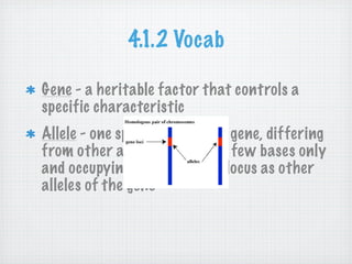 4.1.2 Vocab

Gene - a heritable factor that controls a
specific characteristic
Allele - one specific form of a gene, differing
from other alleles by one or a few bases only
and occupying the same gene locus as other
alleles of the gene
 