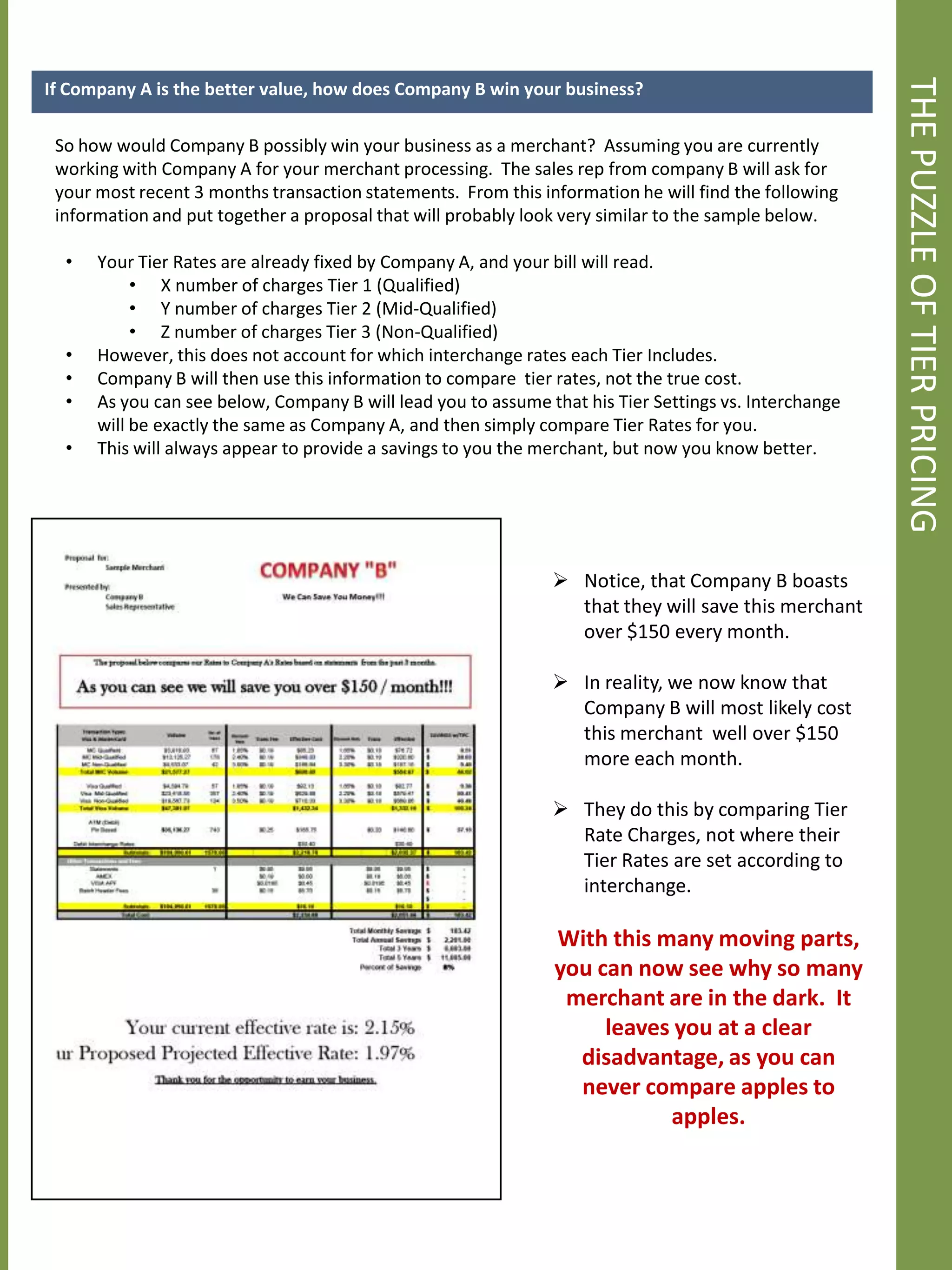 THE PUZZLE OF TIER PRICING
If Company A is the better value, how does Company B win your business?

 So how would Company B possibly win your business as a merchant? Assuming you are currently
 working with Company A for your merchant processing. The sales rep from company B will ask for
 your most recent 3 months transaction statements. From this information he will find the following
 information and put together a proposal that will probably look very similar to the sample below.

  •   Your Tier Rates are already fixed by Company A, and your bill will read.
           • X number of charges Tier 1 (Qualified)
           • Y number of charges Tier 2 (Mid-Qualified)
           • Z number of charges Tier 3 (Non-Qualified)
  •   However, this does not account for which interchange rates each Tier Includes.
  •   Company B will then use this information to compare tier rates, not the true cost.
  •   As you can see below, Company B will lead you to assume that his Tier Settings vs. Interchange
      will be exactly the same as Company A, and then simply compare Tier Rates for you.
  •   This will always appear to provide a savings to you the merchant, but now you know better.




                                                                Notice, that Company B boasts
                                                                 that they will save this merchant
                                                                 over $150 every month.

                                                                In reality, we now know that
                                                                 Company B will most likely cost
                                                                 this merchant well over $150
                                                                 more each month.

                                                                They do this by comparing Tier
                                                                 Rate Charges, not where their
                                                                 Tier Rates are set according to
                                                                 interchange.

                                                               With this many moving parts,
                                                               you can now see why so many
                                                                merchant are in the dark. It
                                                                    leaves you at a clear
                                                                 disadvantage, as you can
                                                                 never compare apples to
                                                                          apples.
 