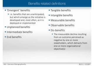 Side-effects and
consequences
Corporate
objectives
realize
further
also cause
Project
outputs
Organizational
changes
Dis-benefits
enable
realize
helps achieve
one or more
Outcomes
Benefits
trigger
Result in
Capabilities
build
enable
Measurable
improvement
arising from an
outcome perceived
as an advantage by
one or more
stakeholders and
contributes to one
or more
organisational
objectives
Measurable
decline resulting
from an outcome
perceived as
negative by one
or more
stakeholders
which reduces
one or more
organizational
objectives
Tangible or intangible
artefact produced,
constructed or
created as a result of a
planned activity
Completed set of project
outputs required to deliver an
outcome – exists prior to
transition
Result of change,
normally affecting
real-world behaviour
or circumstances
©AXELOSLtd.2013.MaterialisreproducedunderlicencefromAXELOS.
M01 - Overview of Managing Benefits 7/12 | 17/210
 