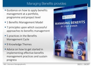  Forecast benefits are complete (all sources of potential value are
identified), realizable and represent value for money
 Forecast benefits are realized in practice, including by ensuring the
required enabling, business and behavioural change take place
 Benefits are realized as early as possible and are sustained for as
long as possible
 Emergent or unplanned benefits are captured and leveraged
(and any dis-benefits are minimized)
 We optimize the benefits realized and value for money achieved
 Dis-benefits are minimized
M01 - Overview of Managing Benefits 9/12 | 19/210
 