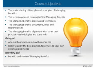  Please share with the class:
 Your name and surname
 Your organization
 Your profession
 Ttitle, function, job responsibilities
 Your familiarity with the
portfolio management
 Your experience with PMO/
Support offices/Project Management
 Your personal session expectations
M00 - Course introduction 4/10 | 4/210
 