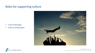 Powerful metrics that enable leaders to measure and manage cultures.
www.valuescentre.com
43
Roles for supporting culture
• Culture Manager
• Culture Ambassador
 