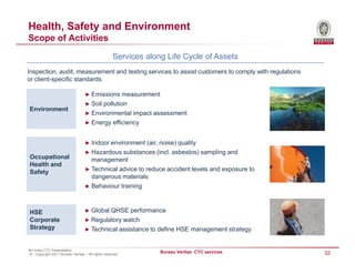 Health, Safety and Environment
Scope of Activities

                                                   Services along Life Cycle of Assets
Inspection, audit, measurement and testing services to assist customers to comply with regulations
or client-specific standards

                                  ► Emissions measurement
                                  ► Soil pollution
Environment
                                  ► Environmental impact assessment
                                  ► Energy efficiency


                                  ► Indoor environment (air, noise) quality
                                  ► Hazardous substances (incl. asbestos) sampling and
Occupational                        management
Health and
                                  ► Technical advice to reduce accident levels and exposure to
Safety
                                    dangerous materials
                                  ► Behaviour training



HSE                               ► Global QHSE performance
Corporate                         ► Regulatory watch
Strategy                          ► Technical assistance to define HSE management strategy


BV India CTC Presentation
© - Copyright 2011 Bureau Veritas – All rights reserved
                                                                Bureau Veritas CTC services          32
 