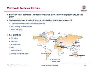 Worldwide Technical Centres

► Bureau Veritas Technical Centres network has more than 400 engineers around the
    globe
► Technical Centres offer high level of technical expertise in the areas of

        Conformity Assessment – Design Appraisal
        Risk, Safety And Reliability
        Asset Integrity.


► For clients in

        Oil & Gas                                                                                               (Moscow)
                                                                            Aberdeen
        Refining                                                                Paris                                               Beijing
                                                                                                     (Milano)

        Automotive                                        Houston
                                                                                             Abu Dhabi                             Shanghai
        Rail                                                                                      Mumbai
                                                                                                   (Lagos)                     Kuala Lumpur
        Infrastructure
        Mining and much more                                  Rio de Janeiro
                                                                                                                           Perth         Newcastle


                                                                                Existing TC
                                                                                (Future TC / Satellite)



BV India CTC Presentation
© - Copyright 2011 Bureau Veritas – All rights reserved
                                                               Bureau Veritas CTC services                                                      39
 