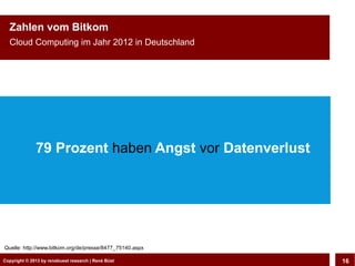Copyright © 2013 by CLOUD-PRO.de, Dr. Dietmar Wiedemann, René BüstCopyright © 2013 by renebuest research | René Büst 16
Zahlen vom Bitkom
Cloud Computing im Jahr 2012 in Deutschland
79 Prozent haben Angst vor Datenverlust
Quelle: http://www.bitkom.org/de/presse/8477_75140.aspx
 