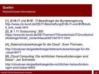 Copyright © 2013 by CLOUD-PRO.de, Dr. Dietmar Wiedemann, René BüstCopyright © 2013 by renebuest research | René Büst 57
Quellen
Weiterführende Informationen
[1] „EVB-IT und BVB“, IT-Beauftragte der Bundesregierung
http://www.cio.bund.de/DE/IT-Beschaffung/EVB-IT-und-BVB/evb-
it_bvb_node.html
[2] „B 1.11 Outsourcing“, BSI
https://www.bsi.bund.de/DE/Themen/ITGrundschutz/ITGrundschut
zKataloge/Inhalt/_content/baust/b01/b01011.html
[A] „Datenschutzwerkzeuge für die Cloud“, Sven Thomsen,
http://clouduser.de/gastbeitraege/datenschutzwerkzeuge-fur-die
-cloud-6471
[B] „Cloud Computing: Die rechtlichen Herausforderungen sind
lösbar“, Jan Schneider
http://clouduser.de/gastbeitraege/die-rechtlichen-herausforderu
ngen-sind-losbar-6405
 