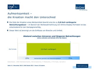 Aufmerksamkeit –
die Kreation macht den Unterschied
Die Güte der Kreation eines Werbemittels bewirkt eine bis zu 5,8-fach verlängerte
Betrachtungsdauer – im Bereich der Werbewahrnehmung von Online-Display-Formaten ist das
entscheidend für den Kampagnenerfolg.
Dieser Wert ist bereinigt um die Einflüsse von Branche und Umfeld.

Abstand zwischen kürzeren und längeren Betrachtungen
(ohne unterste und höchste 25% der Daten)

5,8-fach verlängert

Alle Formate

25%

Werbemittel geordnet nach Betrachtungsdauer

75%

Datenbasis: 1850 Werbekontakte, 365 Kreationen, 9 Wesbsites, 4 Formate, Juli 2013
Seite 11 | November 2013 | OVK Studie 2013 - Power of Creation

Wahrnehmung

 