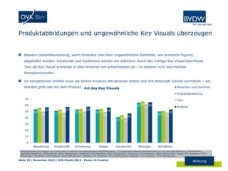 Produktabbildungen und ungewöhnliche Key Visuals überzeugen

Bessere Gesamtbeurteilung, wenn Produkte oder eher ungewöhnliche Elemente, wie animierte Figuren,
abgebildet werden. Kreativität und Kaufanreiz werden am stärksten durch das richtige Key Visual beeinflusst.
Text als Key Visual schneidet in allen Kriterien am schlechtesten ab – er bedient nicht das mediale
Rezeptionsmuster.
Im kompetitiven Umfeld muss die Online-Kreation Attraktionen bieten und ihre Botschaft schnell vermitteln – am
ehesten geht das mit dem Produkt. Art des Key Visuals

Menschen und Gesichter
Produktdarstellung

70

Text

65 66

60
50

54

57

56
50

40

51 53

57
48

53 54

58
50

53 54

62

65

Anderes

56
50
41

30

44

50 51 48

47

53

40

20
10
0

Bewertung

Kreativität

Erinnerung

Image

Kaufanreiz

Message

Attraktion

Abhängige Werte sind indiziert von 0-100, wobei 0 bedeutet sehr schlechte Bewertung/Performance, 50 ausgewogene Bewertung/Performance und 100 sehr gute Bewertung / Performance).
Datenbasis Bewertung: 192Kreationen, 34621 Befragungen; Kreativität: 192 Kreationen, 34621 Befragungen; Erinnerung: 233 Kreationen, 34662 Befragungen; Image: 255 Kreationen, 37551
Befragungen; Kaufanreiz: 230 Kreationen, 34659 Befragungen; Message: 232 Kreationen, 37514 Befragungen; Attraktion: 232 Kreationen, 37514 Befragungen

Seite 19 | November 2013 | OVK Studie 2013 - Power of Creation

Wirkung

 