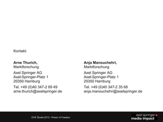Kontakt:

Arne Thurich,
Marktforschung

Anja Manouchehri,
Marktforschung

Axel Springer AG
Axel-Springer-Platz 1
20350 Hamburg

Axel Springer AG
Axel-Springer-Platz 1
20350 Hamburg

Tel. +49 (0)40 347-2 69 49
arne.thurich@axelspringer.de

Tel. +49 (0)40 347-2 35 68
anja.manouchehri@axelspringer.de

Media Impact Panel: Nutzung von iPad-Apps

OVK Studie 2013 - Power of Creation

 