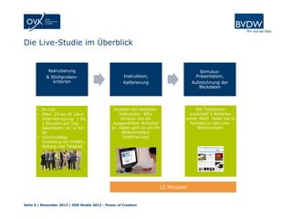 Die Live-Studie im Überblick

Rekrutierung

StimulusPräsentation,
Aufzeichnung der
Blickdaten

& Stichprobenkriterien

Instruktion,
Kalibrierung

• N=100
• Alter: 25 bis 45 Jahre
• Internetnutzung: 1 bis
2 Stunden pro Tag
Geschlecht: m/ w 50/
50
• Gleichmäßige
Verteilung bei HHNEK,
Bildung und Tätigkeit

Auswahl der Websites.
Instruktion: Bitte
schauen Sie die
ausgewählten Websites
an. Dabei geht es um Ihr
Blickverhalten.
(Kalibrierung)

Der Teilnehmer
exploriert 5 Websites
seiner Wahl. Dabei hat er
Kontakt zu den LiveWerbemitteln.

12 Minuten

Seite 6 | November 2013 | OVK Studie 2013 - Power of Creation

 