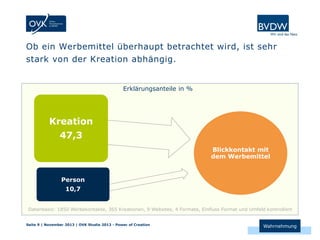 Ob ein Werbemittel überhaupt betrachtet wird, ist sehr
stark von der Kreation abhängig.

Erklärungsanteile in %

Kreation
47,3
Blickkontakt mit
dem Werbemittel

Person
10,7
Datenbasis: 1850 Werbekontakte, 365 Kreationen, 9 Websites, 4 Formate, Einfluss Format und Umfeld kontrolliert
Seite 9 | November 2013 | OVK Studie 2013 - Power of Creation

Wahrnehmung

 