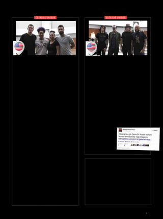 Os integrantes da banda de rock Guns N’
Roses visitaram, em 24 de março de 2014, pela
primeira vez, o Templo da Boa Vontade.
De volta ao Brasil depois de quatro anos, os
músicos Richard Fortus (guitarra), Dizzy Reed
(teclado), Chris Pitman (teclado) e Frank Ferrer
(bateria) fizeram a Espiral, na Nave do TBV, e
visitaram a Sala Egípcia, acompanhados pela
equipe de produção e de outros componentes
da banda que a auxiliam em seus shows.
Na ocasião, receberam as publicações Glo-
balização do Amor Fraterno e BOA VONTADE
Educação e um folder da Pirâmide da Paz, todos
em inglês. A edição on-line da revista Rolling
Stone destacou a vi-
sita e compartilhou a
notícia em seu perfil
no Facebook e no
Twitter, alcançando
mais de um milhão
de acessos.
Integrantes da banda
Guns N’ Roses no TBV
Pirâmide da Paz recebe
equipe da cantora Beyoncé
estados unidos estados unidos
Nodia17desetembrode2013,poucassemanas
antes do aniversário de 24 anos do Templo da Boa
Vontade, integrantes da equipe da cantora norte-
-americana Beyoncé — o cinegrafista Douglas
Porter, a guitarrista Bibi McGill, a trompetista
Crystal Ravél Torres e o fotógrafo Robin Harper –,
conheceram o monumento.
A guitarrista declarou: “É exatamente o que preci-
sava para trazer paz para minha vida, purificação e um
pouco de cura e tranquilidade. Ao caminhar na parte
escura [da Espiral, na Nave do TBV], fiquei pensando
no meu crescimento, do que quero me libertar, no
que desejo mudar. Ao chegar ao centro, conectei-me
com a energia do céu, da terra, e trouxe isso para meu
coração. Depois, caminhei na parte clara, saindo da
Espiral mais leve e conectada”.
Todos se mostraram entusiasmados com a
referência à Espiritualidade Ecumênica em um local
onde pessoas de todas as classes sociais, etnias,
religiões e filosofias de vida são recebidas de bra-
ços abertos. Na opinião de Crystal Torres, que, por
conta da profissão, já viajou por muitos países, é
possível sentir no TBV uma energia extraordinária.
Segundo ela, a experiência deixou em sua mente
uma forte impressão. “O Templo [da Boa Vontade] é
muito mágico, muito espiritual. É um lugar lindo para
visitar, alcançar o equilíbrio e se reorientar espiritual-
mente. Gostei bastante do encontro de ideologias e de
culturas religiosas, porque, no fim das contas, Deus é
Amor. A maior lição que eu aprendi é que, não importa
onde você esteja, Deus é Amor, pois Ele se expressa
pelas mais diferentes formas. É muito bonito ver tudo
isso presente em um único lugar.”
O Conselho de Desenvolvimento de Turismo
do Distrito Federal (Condetur-DF) encaminhou,
em 2012, à Federação Internacional de Futebol
(Fifa) a lista dos dez atrativos da capital federal
para os turistas visitarem durante os jogos da
Copa do Mundo no Brasil, que ocorreram entre
junho e julho deste ano. Entre os escolhidos figura
o Templo da Boa Vontade (TBV), a Pirâmide dos
Espíritos Luminosos e das Almas Benditas.
No roteiro da Copa
ArquivoBV
BOA VONTADE Ecumenismo 111
 