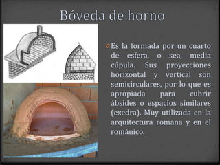 0 Es la formada por un cuarto
 de esfera, o sea, media
 cúpula. Sus proyecciones
 horizontal y vertical son
 semicirculares, por lo que es
 apropiada     para     cubrir
 ábsides o espacios similares
 (exedra). Muy utilizada en la
 arquitectura romana y en el
 románico.
 
