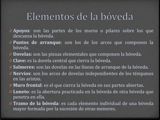 0 Apoyos: son las partes de los muros o pilares sobre los que
    descansa la bóveda.
0   Puntos de arranque: son los de los arcos que componen la
    bóveda.
0   Dovelas: son las piezas elementales que componen la bóveda.
0   Clave: es la dovela central que cierra la bóveda.
0   Salmeres: son las dovelas en las líneas de arranque de la bóveda.
0   Nervios: son los arcos de dovelas independientes de los témpanos
    en las aristas.
0   Muro frontal: es el que cierra la bóveda en sus partes abiertas.
0   Luneto: es la abertura practicada en la bóveda de otra bóveda que
    penetra en ella.
0   Tramo de la bóveda: es cada elemento individual de una bóveda
    mayor formada por la sucesión de otras menores.
 