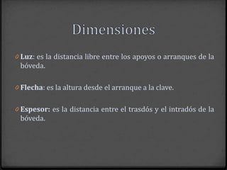 0 Luz: es la distancia libre entre los apoyos o arranques de la
 bóveda.

0 Flecha: es la altura desde el arranque a la clave.


0 Espesor: es la distancia entre el trasdós y el intradós de la
 bóveda.
 