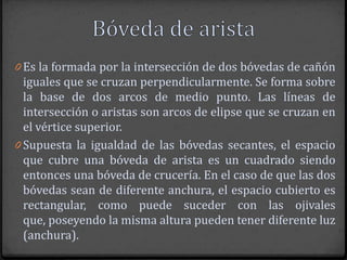 0 Es la formada por la intersección de dos bóvedas de cañón
  iguales que se cruzan perpendicularmente. Se forma sobre
  la base de dos arcos de medio punto. Las líneas de
  intersección o aristas son arcos de elipse que se cruzan en
  el vértice superior.
0 Supuesta la igualdad de las bóvedas secantes, el espacio
  que cubre una bóveda de arista es un cuadrado siendo
  entonces una bóveda de crucería. En el caso de que las dos
  bóvedas sean de diferente anchura, el espacio cubierto es
  rectangular, como puede suceder con las ojivales
  que, poseyendo la misma altura pueden tener diferente luz
  (anchura).
 