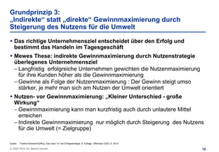 Grundprinzip 3:
„Indirekte“ statt „direkte“ Gewinnmaximierung durch
Steigerung des Nutzens für die Umwelt

    Das richtige Unternehmensziel entscheidet über den Erfolg und
    bestimmt das Handeln im Tagesgeschäft
    Mewes These: indirekte Gewinnmaximierung durch Nutzenstrategie
    überlegenes Unternehmensziel
    – Langfristig erfolgreiche Unternehmen gewichten die Nutzenmaximierung
      für ihre Kunden höher als die Gewinnmaximierung
    – Gewinne als Folge der Nutzenmaximierung : Der Gewinn steigt umso
      stärker, je mehr man sich am Nutzen der Umwelt orientiert
    Nutzen- vor Gewinnmaximierung: „Kleiner Unterschied - große
    Wirkung“
    – Gewinnmaximierung kann man kurzfristig auch durch unlautere Mittel
      erreichen
    – Indirekte Gewinnmaximierung nur möglich durch Steigerung des Nutzens
      für die Umwelt (= Zielgruppe)

Quelle:   Friedrich/Seiwert/Geffroy, Das neue 1x1 der Erfolgsstrategie, 9. Auflage, Offenbach 2003, S. 20-21

© 2007 Prof. Dr. Bernd Venohr                                                                                  16
 
