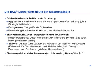 Die EKS®-Lehre führt heute ein Nischendasein

   Fehlende wissenschaftliche Aufarbeitung
   – Aggressive und teilweise als unseriös empfundene Vermarktung („Ihre
     Strategie ist falsch“)
   – Fachgrenzen übergreifende Sichtweise
   – Entwicklung durch einen Praktiker ohne Hochschulabschluss
   EKS- Grundprinzipien: wegweisend und hochaktuell
   – Neues Paradigma: Unternehmen als „dynamisches System“, das auch
     Naturgesetzen unterliegt
   – Stärke in der Markperspektive; Schwäche in der internen Perspektive
     (Entwickelt für Einzelpersonen und Kleinbetriebe; kein Bezug zu
     Prozessen und Strukturen größerer Unternehmen)
   Phasenmodell und der Instrumente: nicht mehr „State of the Art“



© 2007 Prof. Dr. Bernd Venohr                                              34
 