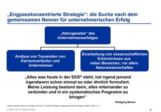 „Engpasskonzentrierte Strategie“: die Suche nach dem
gemeinsamen Nenner für unternehmerischen Erfolg

                                                                     „Naturgesetze“ des
                                                                    Unternehmenserfolges



                                                                                                     Einarbeitung von wissenschaftlichen
          Analyse von Tausenden von
                                                                                                              Erkenntnissen aus
            Karriereverläufen und
                                                                                                         vielen Bereichen; vor allem
                 Unternehmen
                                                                                                             Naturwissenschaften

                       „Alles was heute in der EKS® steht, hat irgend jemand
                       irgendwann schon einmal so oder ähnlich formuliert.
                         Meine Leistung bestand darin, alles miteinander zu
                         verbinden und in ein systematisches Programm zu
                                              bringen“
                                                                                                                                Wolfgang Mewes
Quelle: Friedrich, Kerstin; So entstand die EKS, in: Die EKS®-Strategie: Hintergründe-Visionen-Erfolge, Frankfurt 1994, S. 41

© 2007 Prof. Dr. Bernd Venohr                                                                                                                    5
 