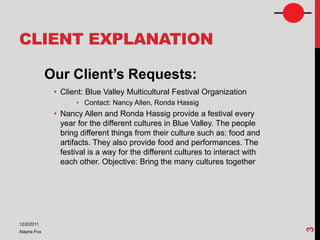 CLIENT EXPLANATION

             Our Client’s Requests:
              • Client: Blue Valley Multicultural Festival Organization
                    • Contact: Nancy Allen, Ronda Hassig
              • Nancy Allen and Ronda Hassig provide a festival every
                year for the different cultures in Blue Valley. The people
                bring different things from their culture such as: food and
                artifacts. They also provide food and performances. The
                festival is a way for the different cultures to interact with
                each other. Objective: Bring the many cultures together




12/2/2011




                                                                                3
Alayna Fox
 