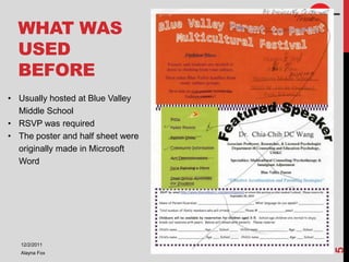 WHAT WAS
  USED
  BEFORE
• Usually hosted at Blue Valley
  Middle School
• RSVP was required
• The poster and half sheet were
  originally made in Microsoft
  Word




   12/2/2011




                                   5
   Alayna Fox
 