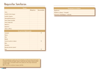 Requisitos Sanitarios
Prevenciones en el destinoPrevenciones en el destino
Hipotermia
Problemas cutáneos / humedad
Situaciones climatológicas / naturales
VacunasVacunas
Obligatorias Recomendadas
Cólera
Encefalitis Centro Europea
Encefalitis Japonesa
Enfermedad Meningocócica
Fiebre Tifoidea Inyectable
Fiebre Tifoidea Oral
Hepatitis A
Hepatitis B
Tétanos y Difteria
En caso de no haberlas pasadoEn caso de no haberlas pasado
Sarampión ●
Paperas
Polio
Rubeola
Varicela (consultar al médico) ●
Rabia
Tuberculosis
Neumonía (personas mayores)
Gripe ●
Estas recomendaciones sanitarias han sido realizadas por la Dirección General de Asuntos
y Asistencia Consulares de España. Tenga en cuenta que estos consejos carecen de efecto
vinculante alguno y únicamente actúan como simple aviso. Para mayor información
consultar la Web
http://www.msc.es/sanitarios/consejos/vacExt.do
 