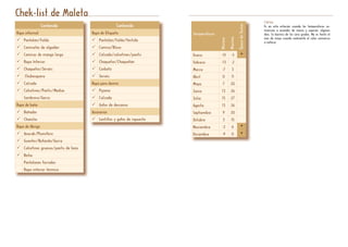 Chek-list de Maleta
ContenidoContenido
Ropa informal
Pantalón/Falda
Camisetas de algodón
Camisas de manga larga
Ropa Interior
Chaquetas/Jerséis
Chubasquero
Calzado
Calcetines/Pantis/Medias
Sombrero/Gorra
Ropa de baño
Bañador
Chanclas
Ropa de Abrigo
Anorak/Plumífero
Guantes/Bufanda/Gorro
Calcetines gruesos/pantis de lana
Botas
Pantalones forrados
Ropa interior térmica
Temperaturas
Mínima
Máxima
Épocadelluvias
Enero -15 -5
Febrero -13 -2
Marzo -7 3
Abril 0 11
Mayo 7 20
Junio 13 26
Julio 15 27
Agosto 13 26
Septiembre 9 20
Octubre 3 15
Noviembre -2 6
Diciembre -9 0
Clima
Es en esta estación cuando las temperaturas co-
mienzan a ascender de nuevo y superan, algunos
días, la barrera de los cero grados. No es hasta el
mes de mayo cuando realmente el calor comienza
a notarse.
ContenidoContenido
Ropa de Etiqueta
Pantalón/Falda/Vestido
Camisa/Blusa
Calzado/calcetines/pantis
Chaquetas/Chaquetón
Corbata
Jerséis
Ropa para dormir
Pijama
Calzado
Gafas de descanso
Accesorios
Lentillas y gafas de repuesto
 