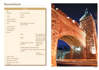 Documentación
ContenidoContenido
DNI
Pasaporte 6 meses de vigencia
Visado
Turismo
Negocios
Carta de invitación
Pasaporte traducido
Tasas 15CA$/39CA$ (con Air Travellers
Security Charge)
Carnet de conducir
Carnet de conducir
internacional
Aduana
Tabaco 200 cigarrrillos, 50
puros ó 200 gr tabaco
Alcohol 1´4 Litros de alco-
hol/1,5 vino, 24 latas
de 335 ml. de cerveza
Cantidad de dinero exigible y
permitido
10.000 Dólares
máximo, resto
declarar
Prohibido productos de animales salvajes
La Importación de Drogas ilegales están severamente
castigada
O declarar a
la entrada del país
Seguro de viaje
Datos de reserva del hotel
Billete de ida y vuelta
Autorización para viajar a
menores
CiudadelaCiudadela
 