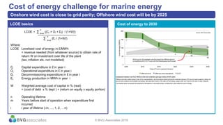 LCOE basics
Cost of energy challenge for marine energy
Onshore wind cost is close to grid parity; Offshore wind cost will be by 2025
© BVG Associates 2016
Where:
LCOE Levelised cost of energy in £/MWh
= revenue needed (from whatever source) to obtain rate of
return W on investment over life of the plant
(tax, inflation etc. not modelled)
Ci Capital expenditure in £ in year i
Oi Operational expenditure in £ in year i
Di Decommissioning expenditure in £ in year i
Et Energy production in MWh in year i
W Weighted average cost of capital in % (real)
= (cost of debt x % dept ) + (return on equity x equity portion)
n Operating lifetime
m Years before start of operation when expenditure first
incurred
i i year of lifetime (-m, ..., 1, 2, …n)
Cost of energy to 2030
Comparison between cost from offshore wind and combined cycle gas turbine (CCGT) plant.
Offshore wind bars reflect range of cost of four representative, real-life projects reaching financial investment decision (FID) around each snapshot, taking into
account site conditions and available technology. See description below of the status of technology, supply chain and finance at the time of each snapshot.
The broader bands incorporate the potential for fluctuations in commodity prices, including fuel, which affect the cost of energy.
0
50
100
150
200
2005 2010 2015 2020 2025 2030
Costofenergy(£/MWh)
Date of Final Investment Decision
CCGT Offshore Wind Offshore wind (repowered)Offshore wind Offshore wind (repowered) CCGT
1
2
3
4
5B
5A 6A
6B
Source: BVG Associates
At this point, the average cost of energyfrom offshore wind is
competitive with CCGT, even with the lowest gasprice forecast
 