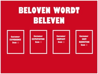 BELOVEN WORDT
BELEVEN
Customer
EXPERIENCE
Scan ©
Customer
EXPECTATION
Scan ©
Customer
CONTACT
Scan ©
Customer
COST
REDUCTION
Scan ©
 