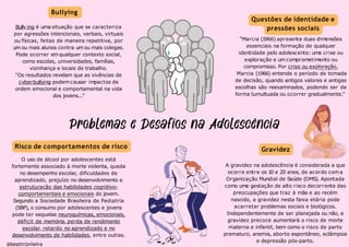 Gravidez
Risco de comportamentos de risco
O uso de álcool por adolescentes está
fortemente associado à morte violenta, queda
no desempenho escolar, dificuldades de
aprendizado, prejuízo no desenvolvimento e
estruturação das habilidades cognitivo-
comportamentais e emocionais do jovem.
Segundo a Sociedade Brasileira de Pediatria
(SBP), o consumo por adolescentes e jovens
pode ter sequelas neuroquímicas, emocionais,
déficit de memória, perda de rendimento
escolar, retardo no aprendizado e no
desenvolvimento de habilidades, entre outras.
@beattrizviieira
Questões de identidade e
pressões sociais
“Marcia (1966) apresenta duas dimensões
essenciais na formação de qualquer
identidade pelo adolescente: uma crise ou
exploração e umcomprometimento ou
compromisso. Por crise ou exploração,
Marcia (1966) entende o período de tomada
de decisão, quando antigos valores e antigas
escolhas são reexaminados, podendo ser de
forma tumultuada ou ocorrer gradualmente.”
Bullying
Bully ing é uma situação que se caracteriza
por agressões intencionais, verbais, virtuais
ou físicas, feitas de maneira repetitiva, por
um ou mais alunos contra um ou mais colegas.
Pode ocorrer em qualquer contexto social,
como escolas, universidades, famílias,
vizinhança e locais de trabalho.
“Os resultados revelam que as vivências de
cyberbullying podemcausar impactos de
ordem emocional e comportamental na vida
dos jovens...”
A gravidez na adolescência é considerada a que
ocorre entre os 10 e 20 anos, de acordo coma
Organização Mundial de Saúde (OMS). Apontada
como uma gestação de alto risco decorrente das
preocupações que traz à mãe e ao recém
nascido, a gravidez nesta faixa etária pode
acarretar problemas sociais e biológicos.
Independentemente de ser planejada ou não, a
gravidez precoce aumentará o risco de morte
materna e infantil, bem como o risco de parto
prematuro, anemia, aborto espontâneo, eclâmpsia
e depressão pós-parto.
 